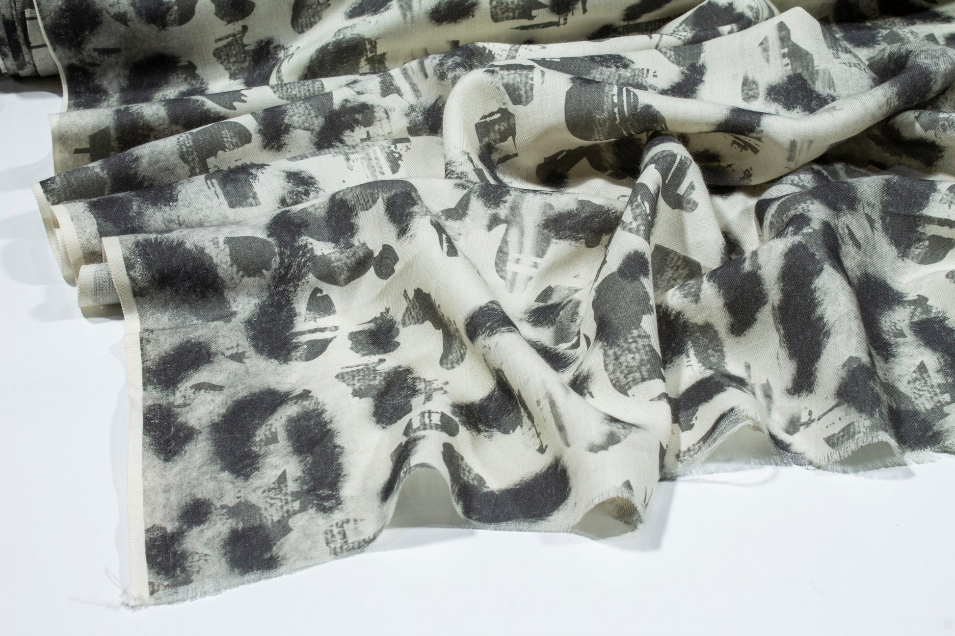 Abstract Printed Wool Challis - Gray and Off White - Prime Fabrics