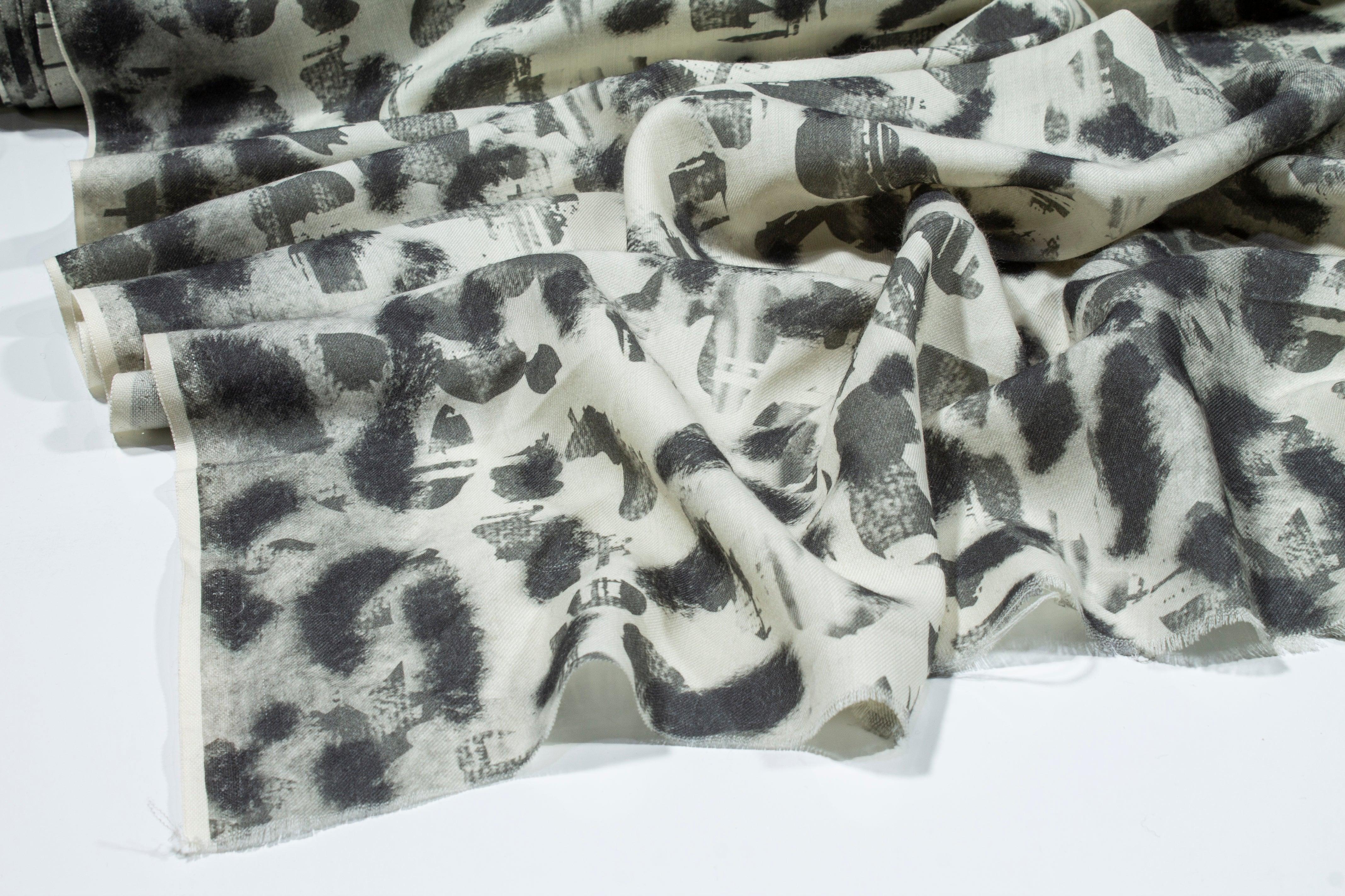 Abstract Printed Wool Challis - Gray and Off White - Prime Fabrics