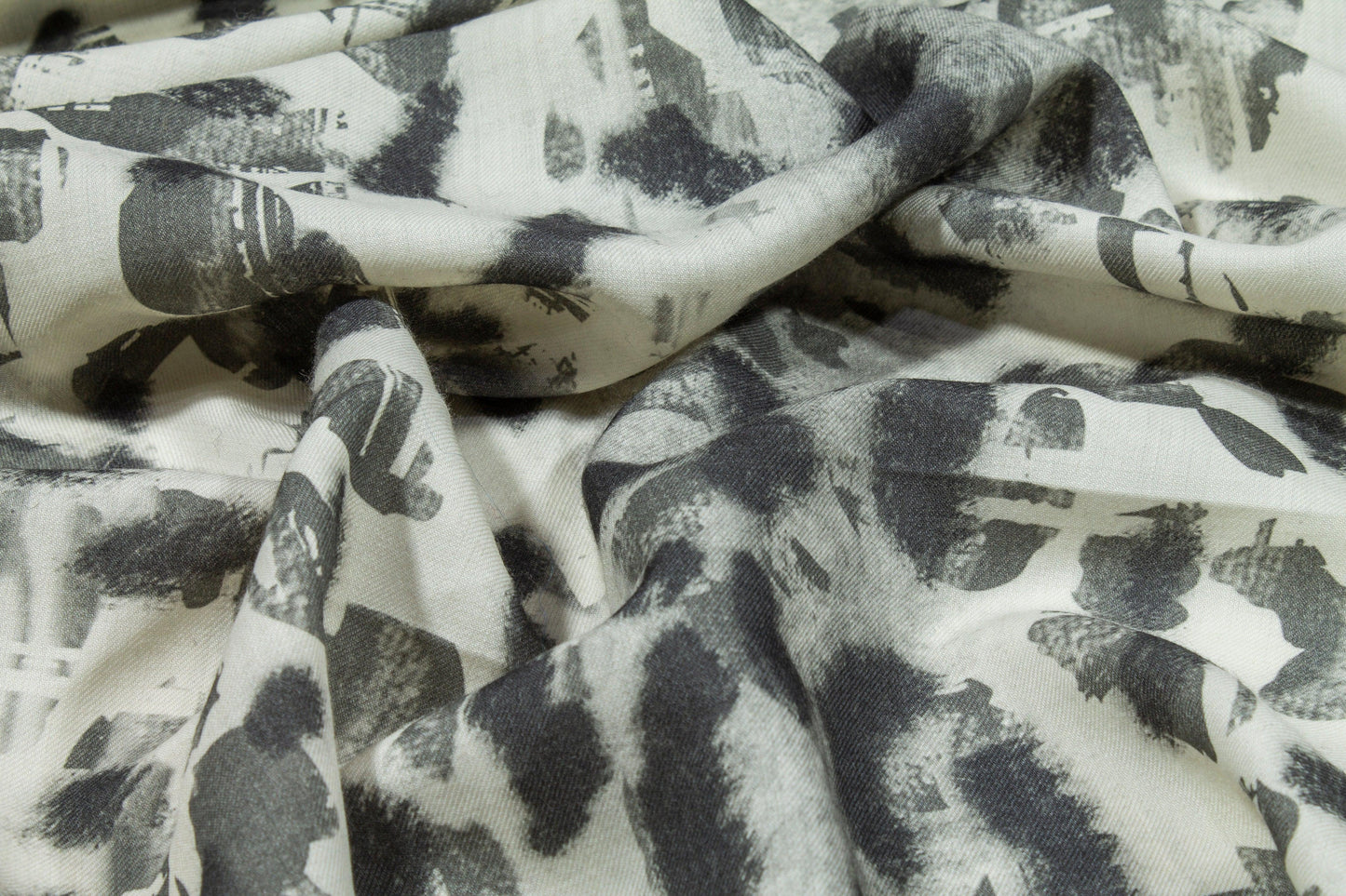 Abstract Printed Wool Challis - Gray and Off White - Prime Fabrics
