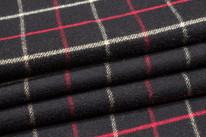 Black and Red Windowpane Checked Italian Wool Coating - Prime Fabrics