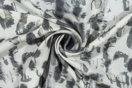 Abstract Printed Wool Challis - Gray and Off White - Prime Fabrics