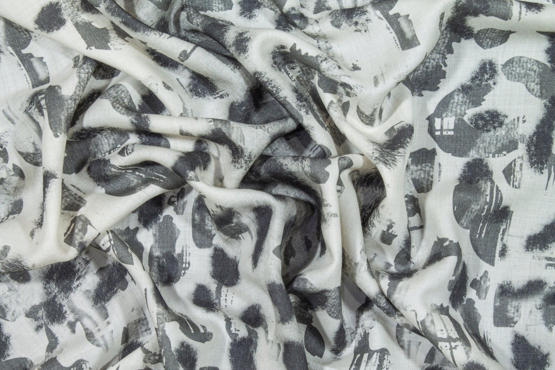 Abstract Printed Wool Challis - Gray and Off White - Prime Fabrics