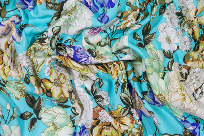 Emanuel Ungaro - Blue Floral Italian 4-Ply Silk Crepe - Prime Fabrics