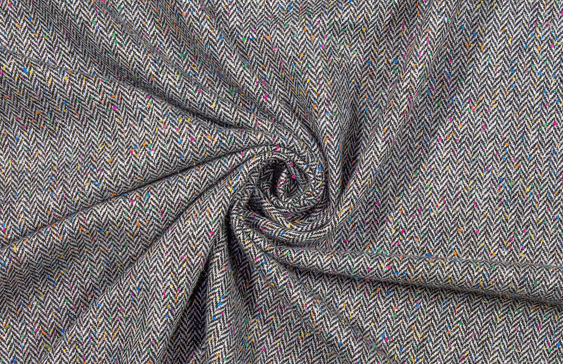 Gray Herringbone Italian Wool with Multicolor Splatter - Prime Fabrics
