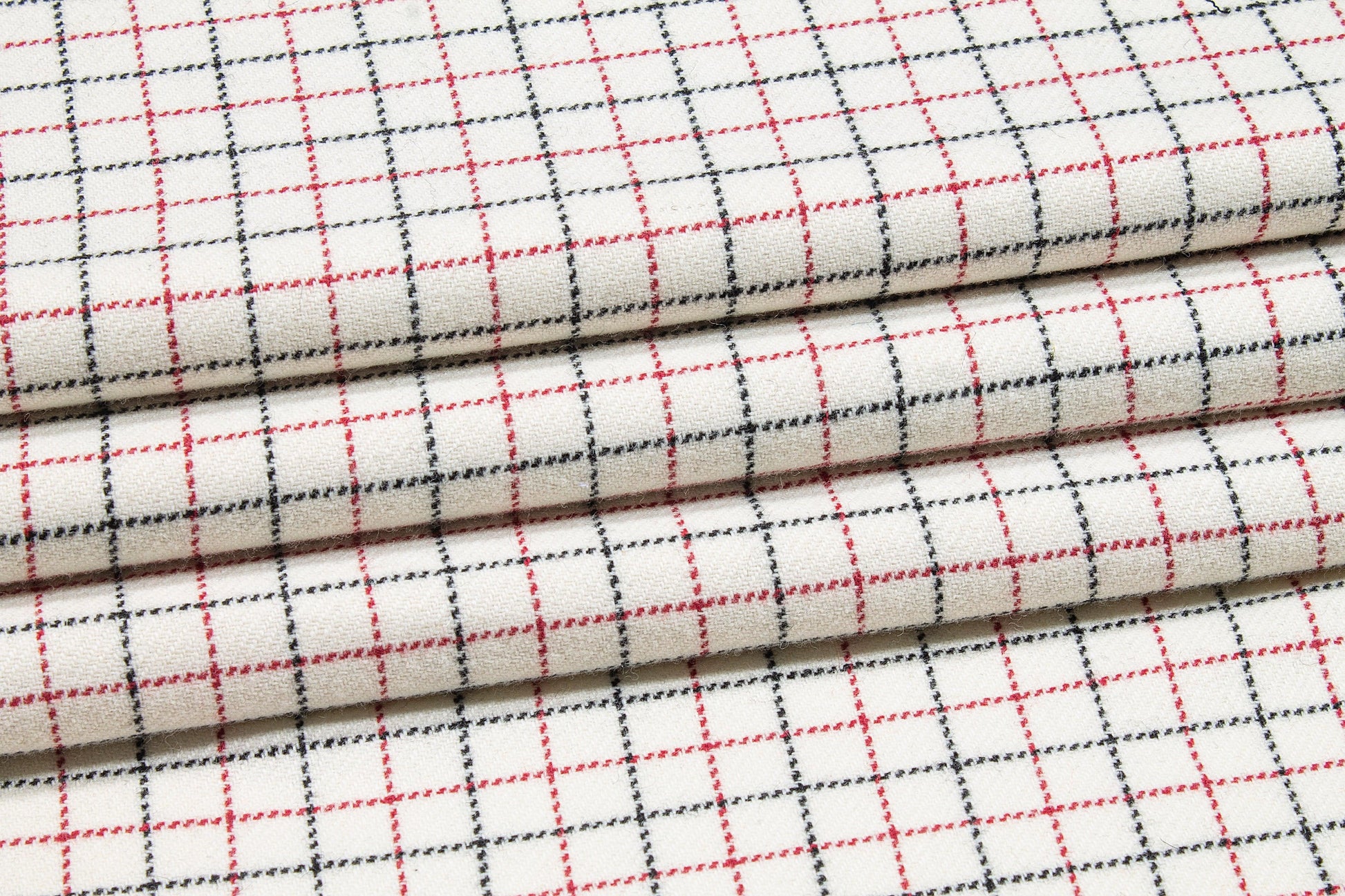 Off White, Red, and Black Small Checked Wool - Prime Fabrics