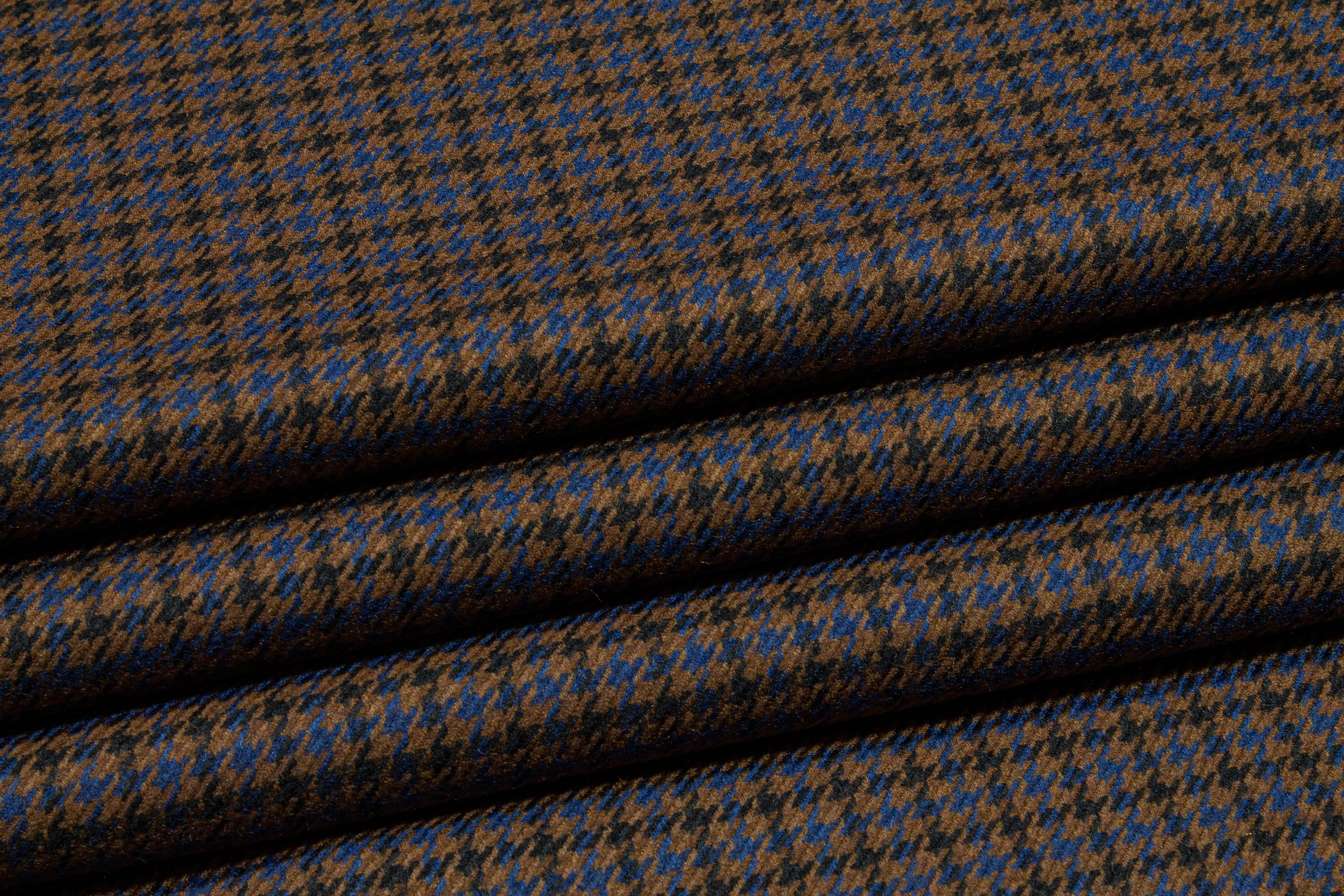 Brown and Blue Houndstooth Wool Suiting - Prime Fabrics