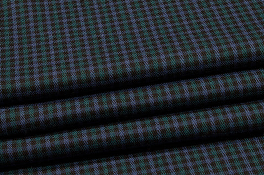 Blue, Green and Black Mini Checked Italian Wool Suiting - Prime Fabrics