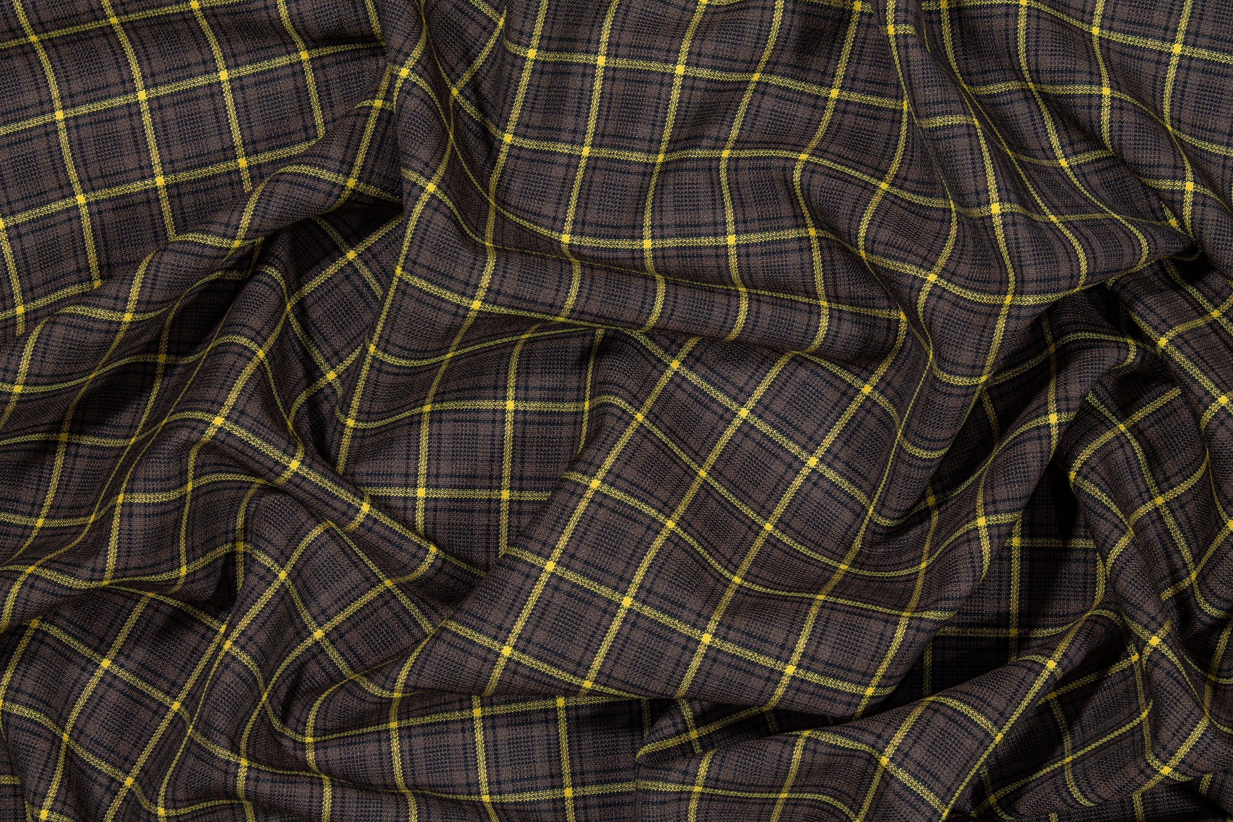 Brown and Yellow Plaid Italian Wool Suiting - Prime Fabrics