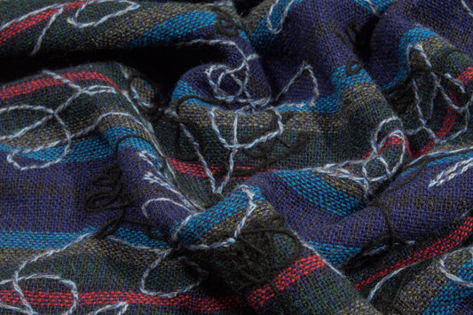 Blue Striped Embroidered Wool Tweed - Prime Fabrics