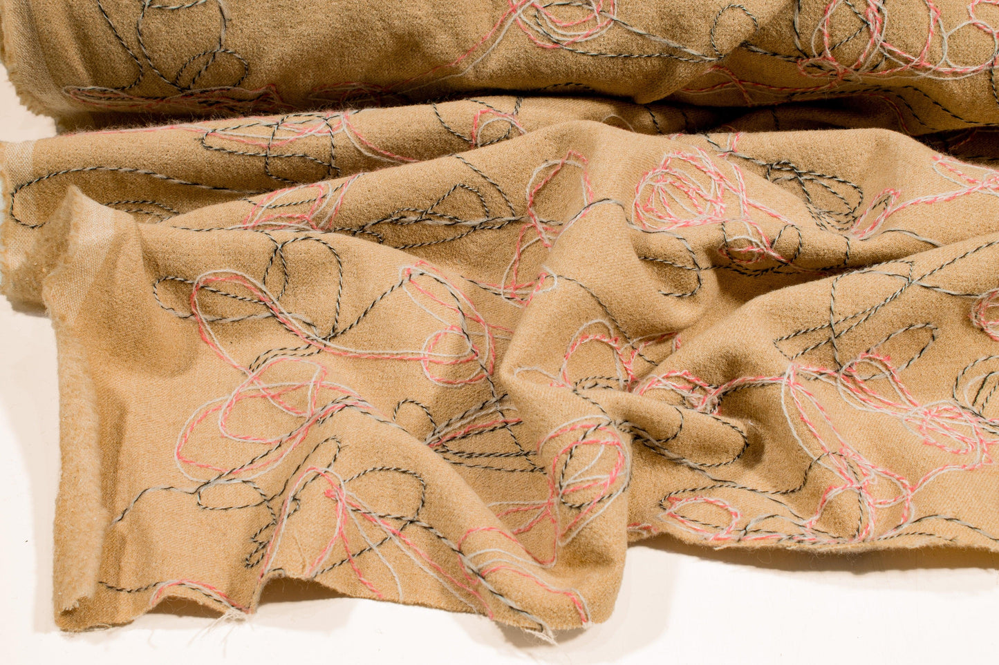 Khaki Embroidered Wool and Viscose Blend - Prime Fabrics