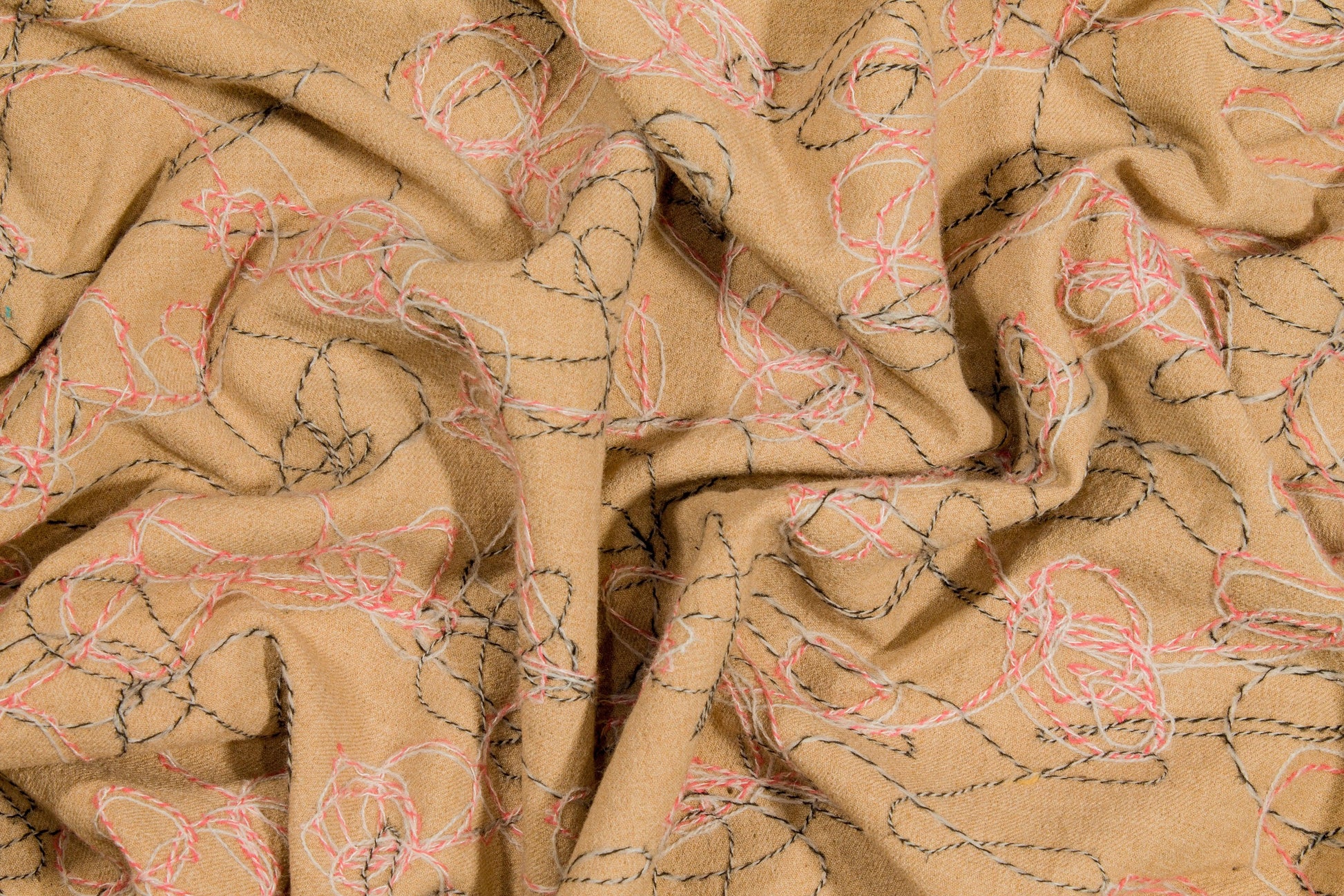 Khaki Embroidered Wool and Viscose Blend - Prime Fabrics