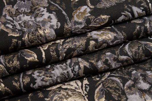 Crushed Floral Metallic Brocade - Black, Gray, Taupe