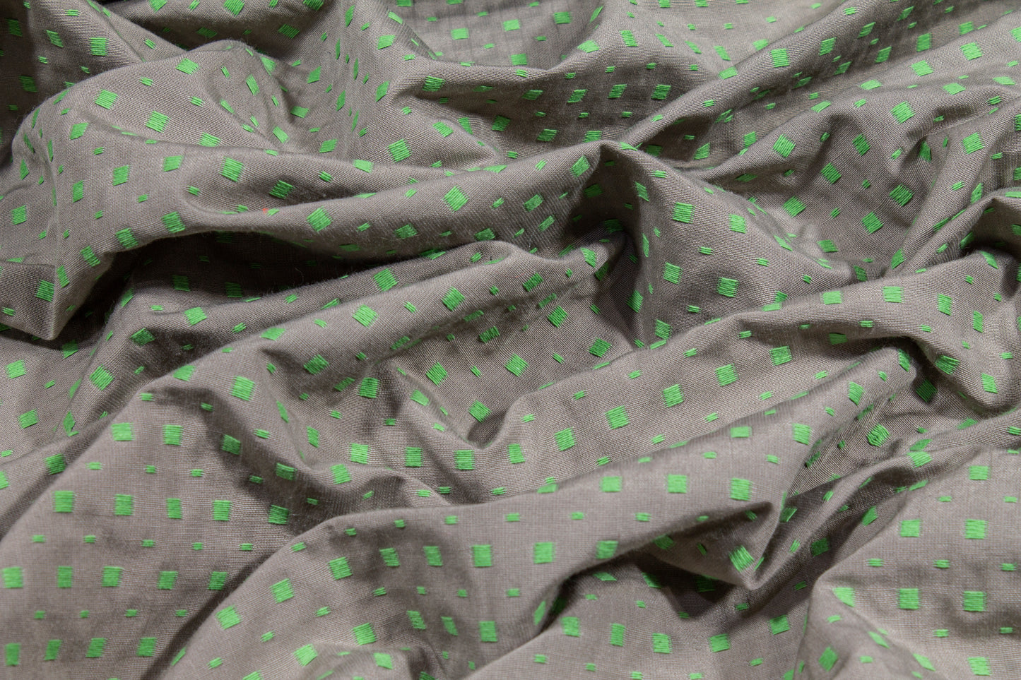 Embroidered Poly Cotton Brocade - Gray and Highlighter Green