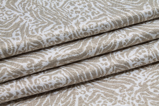 Abstract Poly Rayon Printed Brocade - White and Taupe