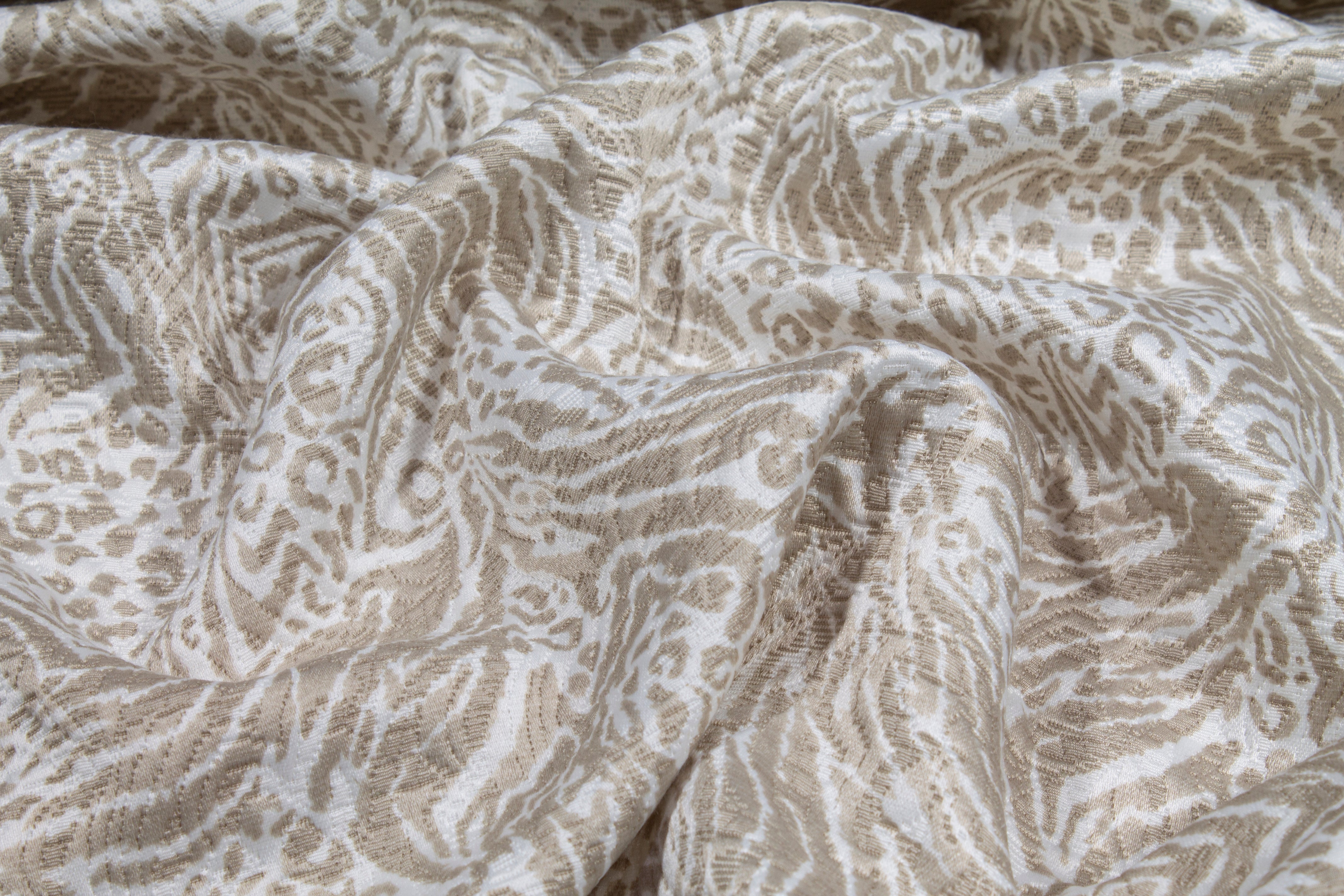 Abstract Poly Rayon Printed Brocade - White and Taupe