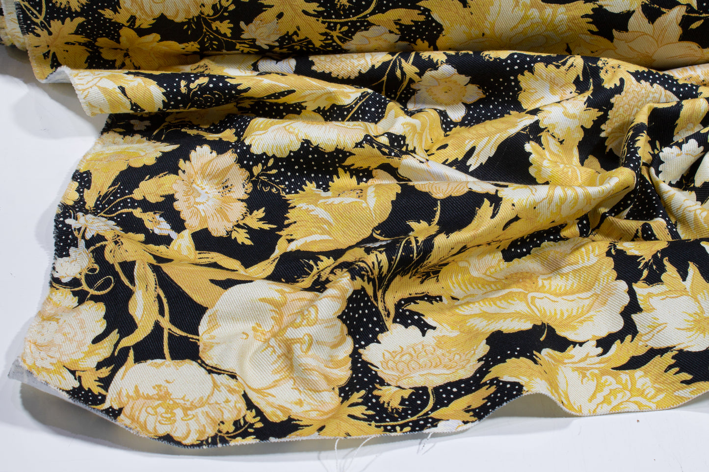 Floral Cotton Denim Twill - Yellow, Black and White