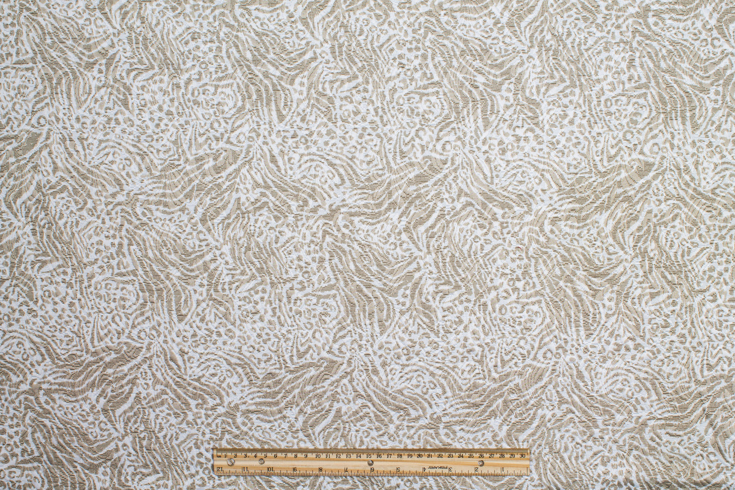 Abstract Poly Rayon Printed Brocade - White and Taupe