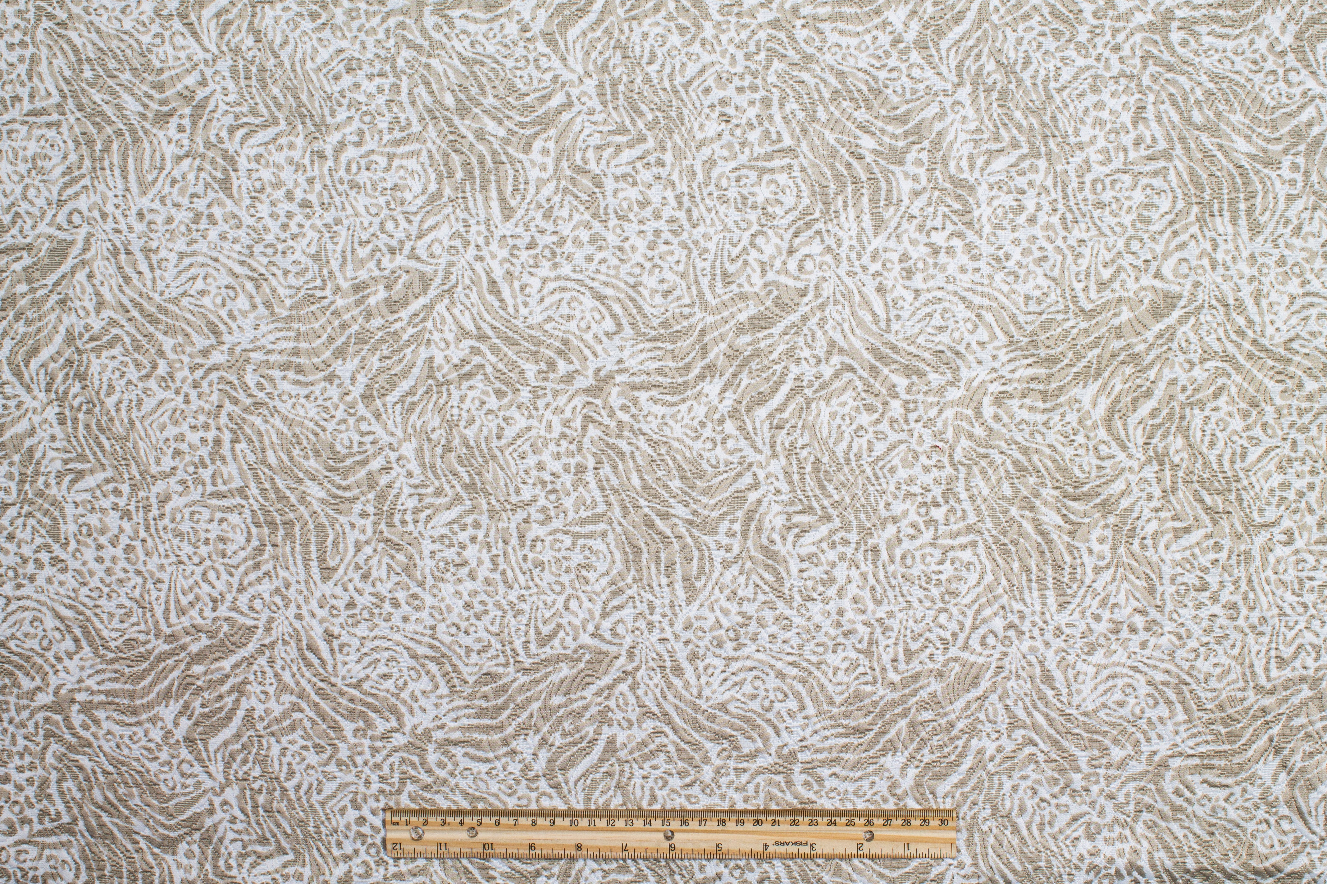 Abstract Poly Rayon Printed Brocade - White and Taupe
