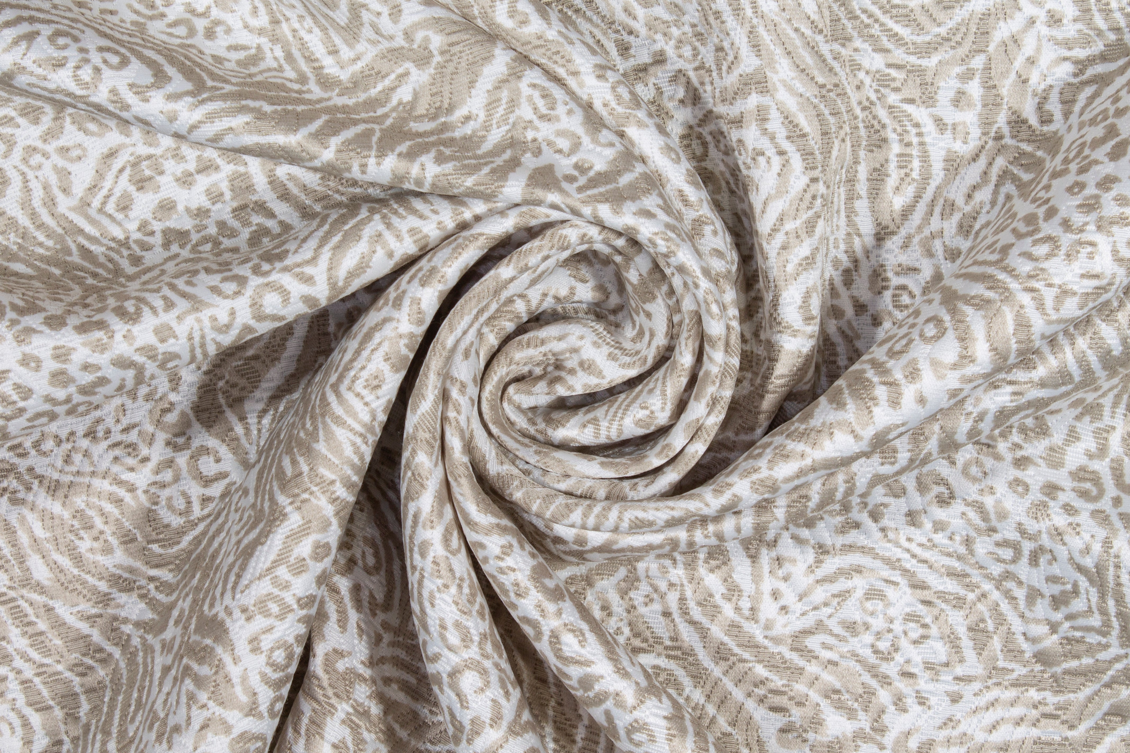 Abstract Poly Rayon Printed Brocade - White and Taupe
