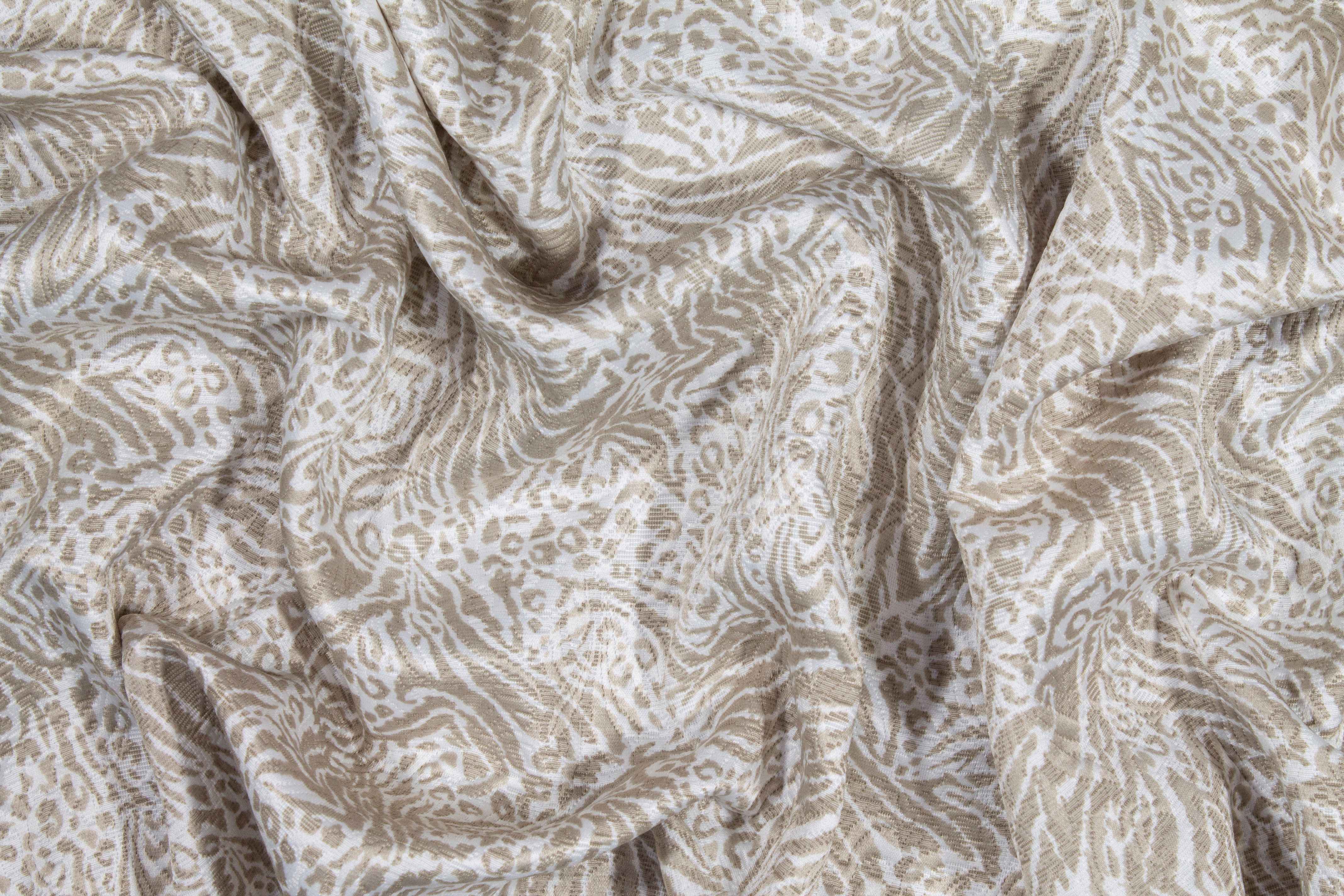 Abstract Poly Rayon Printed Brocade - White and Taupe