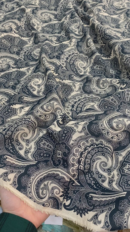 Off White and Navy Paisley Italian Cotton Voile