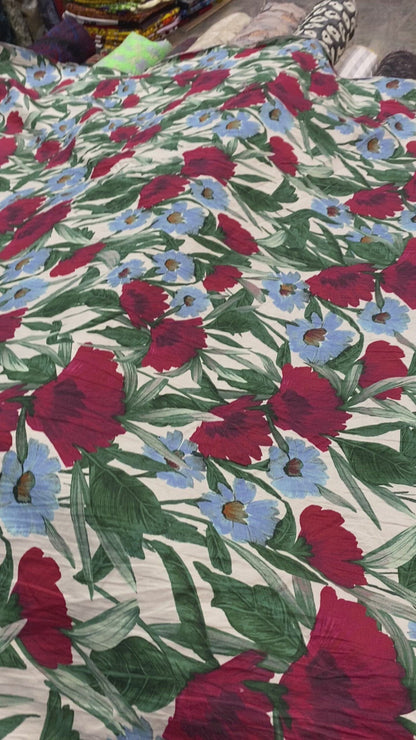 Red, Blue and Green Floral Crushed Stretch Cotton